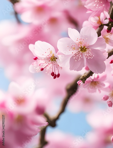 Enchanting beauty of a blooming cherry blossom tree in a Japanese garden, captured with a macro lens to highlight the delicate petals and evoke a sense of tranquility.