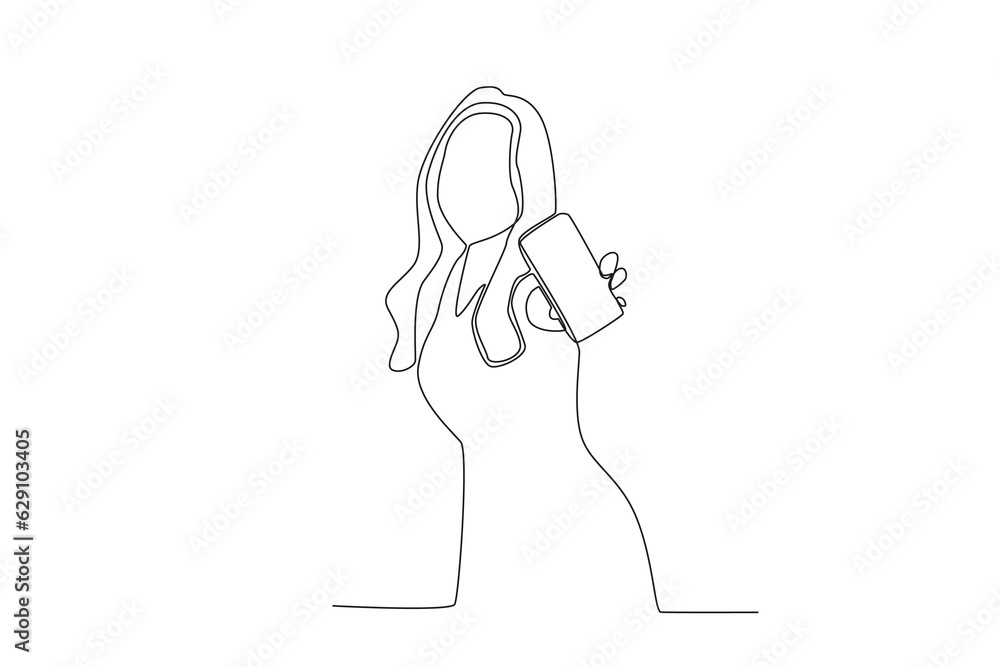 One continuous line drawing of a woman showing her cell phone with her left hand facing forward
One continuous line drawing of a woman showing her cell phone with her left hand facing forward