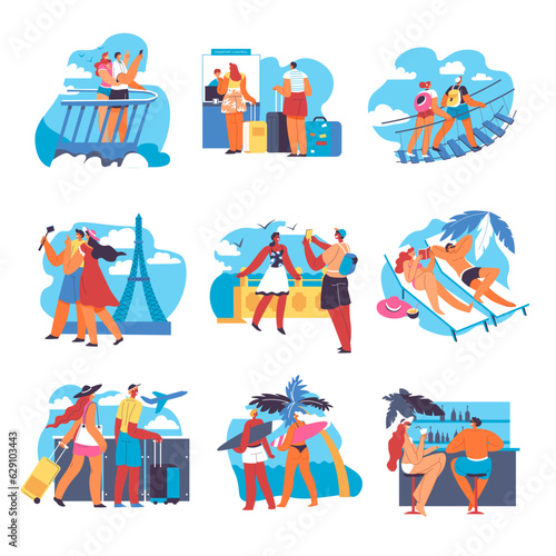 Couples traveling on summer vacations, vector
