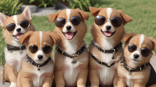 group of cute puppies smiling, taking picture, wearing sunglasses illustration image design, ai generated