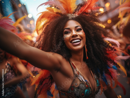 Vibrant Carnival Rhythms. Dancers in Exotic Feather Costumes at the Brazilian Carnival. AI Generative