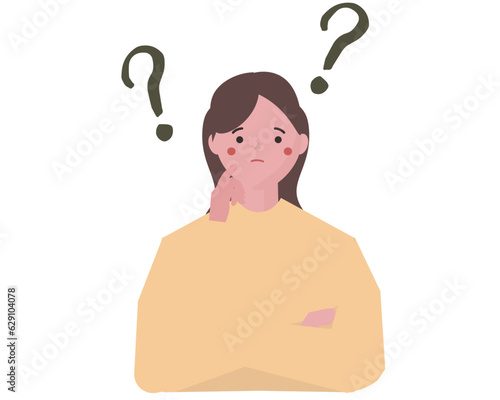 はてなマークを浮かべ悩む女性。ベクターイラスト