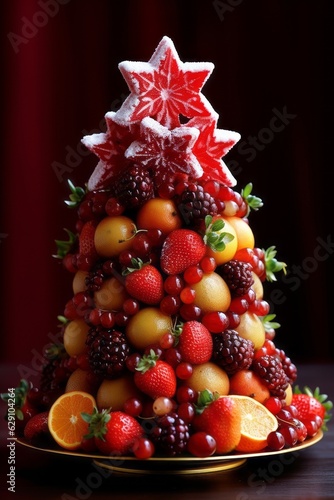 New Year's tree made of raw fruit. Organic and healthy food. Christmas dinner. Party mix fruit. Dark background.