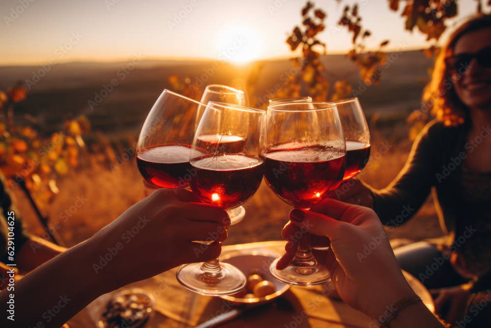 Cheers to Friendship. Friends Brindar and Enjoy the Sunset with Vineyards in the Background. AI Generative
