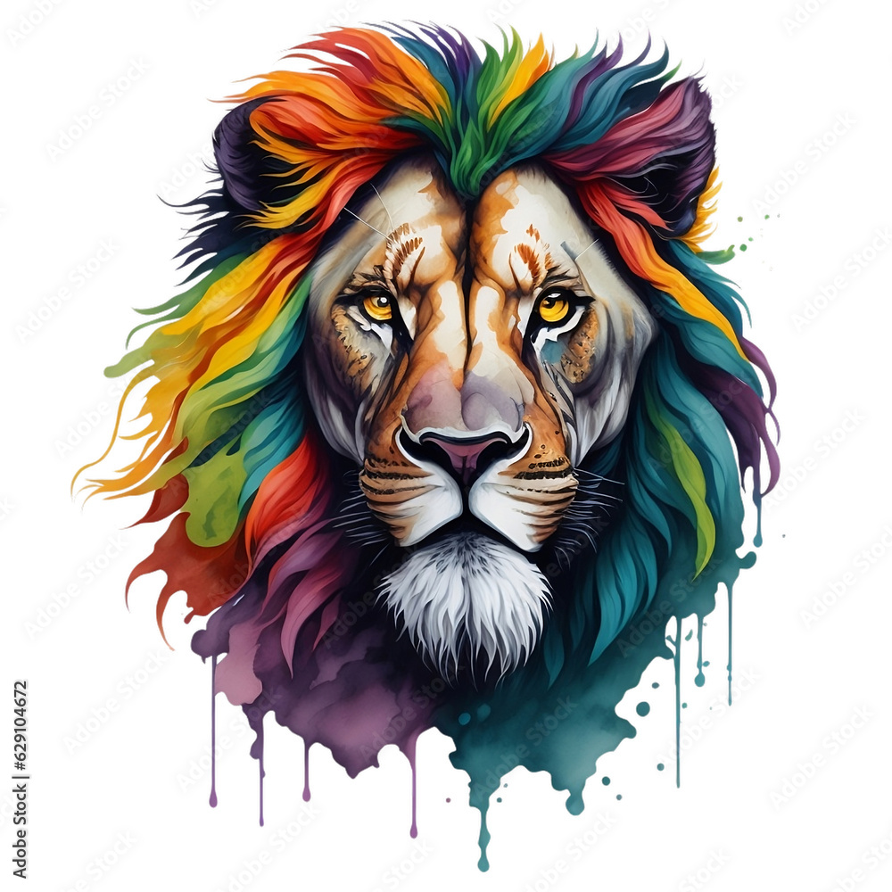 Watercolor Lion Head On A Transparent Or White Background. Abstract Portrait Colorful Lion The Jungle King