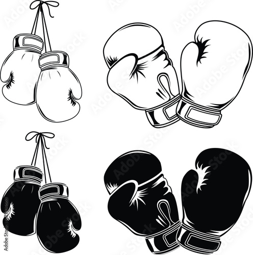 Set of black and white boxing gloves clipart. Boxing gloves silhouettes