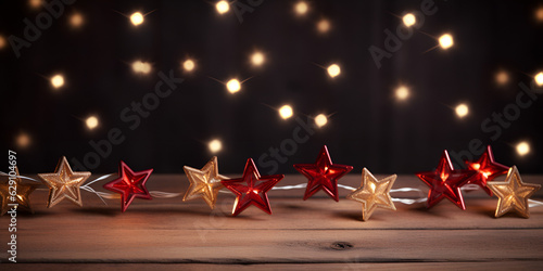 A red background with stars and a red background, Realistic string garland light bulbs with round lamps, stars and snowflake shape lamp