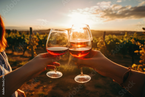 Cheers to Friendship. Friends Brindar and Enjoy the Sunset with Vineyards in the Background. AI Generative photo