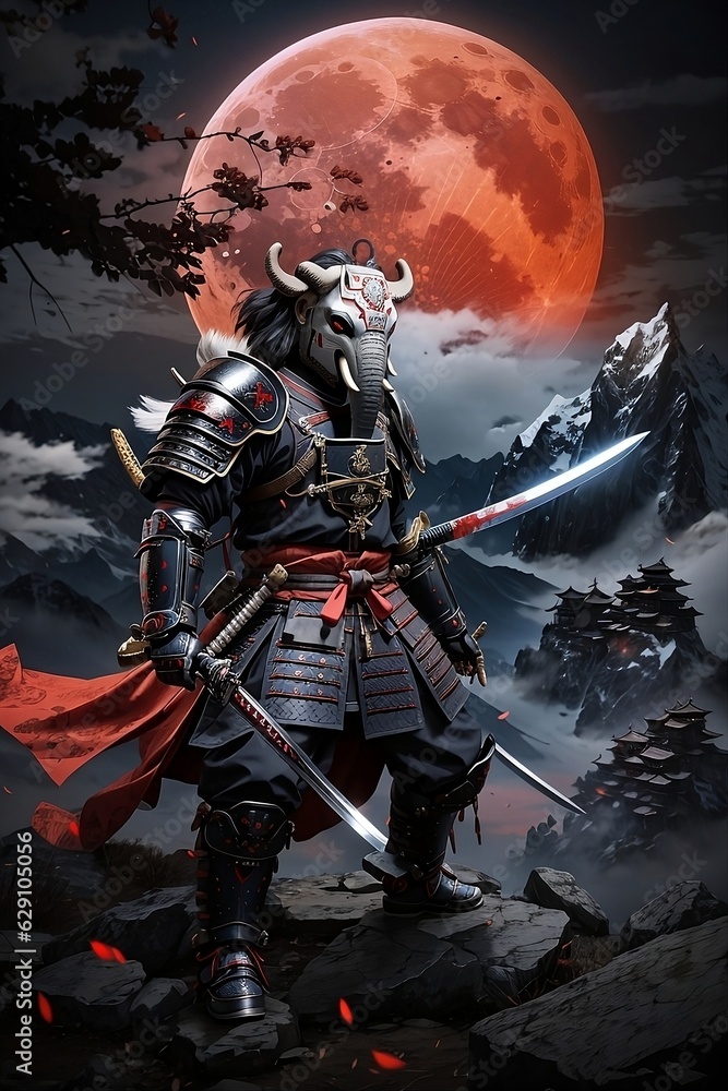 Fototapeta premium illustration of a samurai in an elephant mask who is scary and dashing like a warrior. with a dark night background and a scary moon