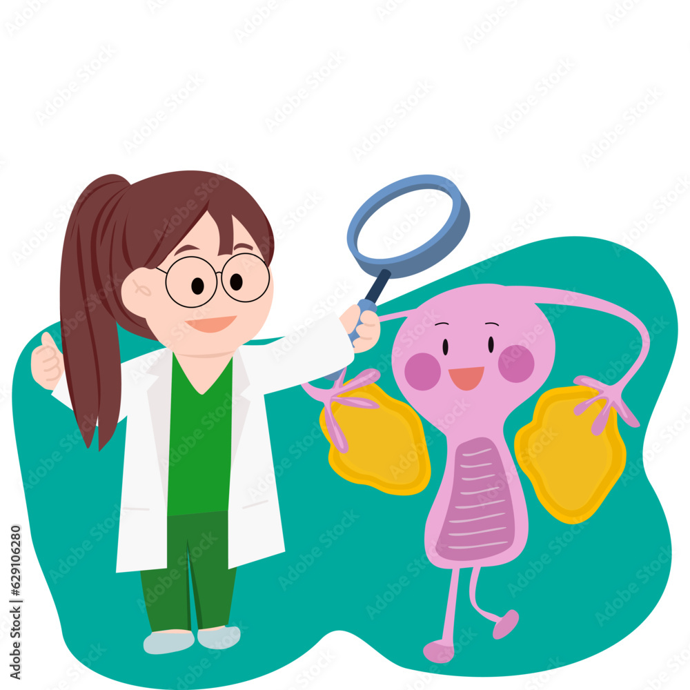 flat cartoon doctor and ovaries, health check the ovaries of the inner image of the lingering person concept. flat cartoon doctor and ovaries, health check the ovaries of the inner image of the lingering person concept.