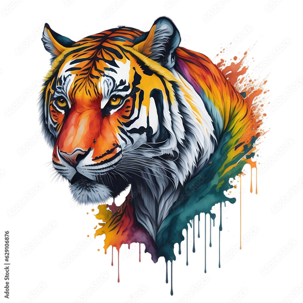 Watercolor Tiger On A Transparent Or White Background. Colorful Realistic Painting Portrait of Tiger