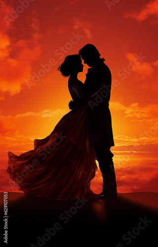 Silhouette of a couple in love on the background of a beautiful sunset.