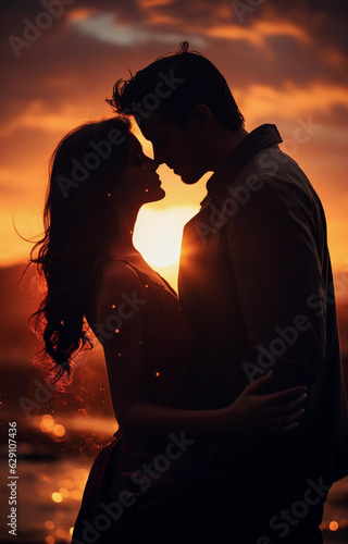 Silhouette of a couple in love on the background of a beautiful sunset.