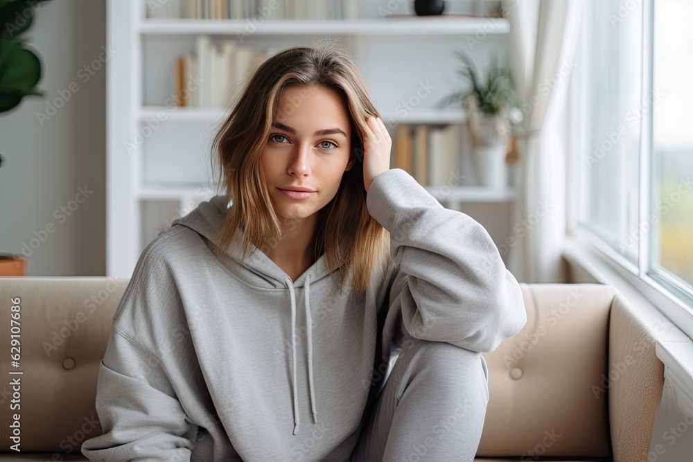 Psychological portrait of a Caucasian woman. She sits at home in a comfortable position. She is confident and calm. Psychological portrait of a Caucasian woman. She sits at home in a comfortable position. She is confident and calm.