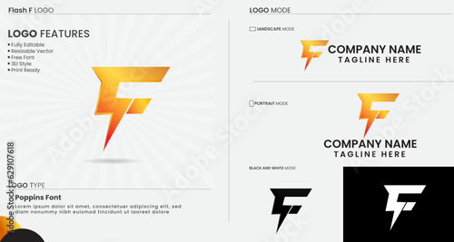 Flash F logo design. Energy F letter. Business. Electricity power. Lettering design. Premium template. Colorful F logo. Creative. Modern. Finance. Unique. Power