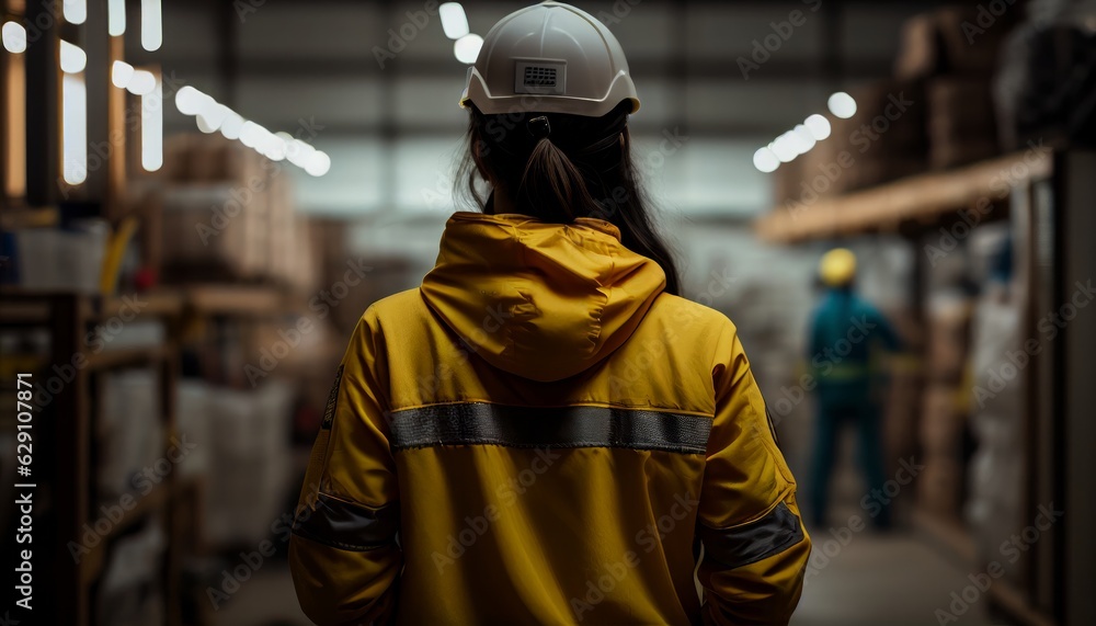rear view of female engineer wear saftety hardhat uniform walking checking survey warehouse inventory storage distribution factory,ai generate