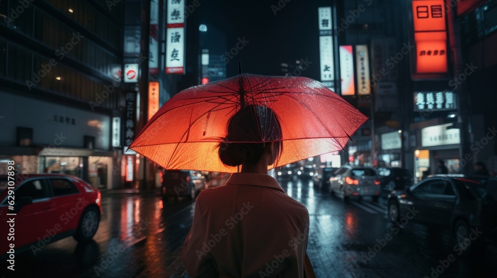 rear view of asian female woman walking hand hold red plastic umbrella in the rain on downtown city urban street with signage light led board and street trafic crowd people,ai generate