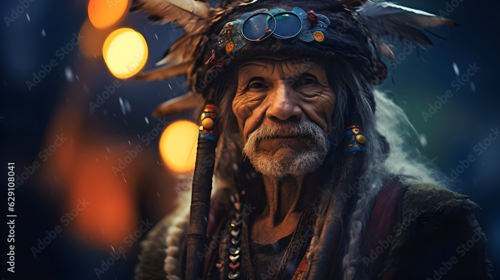 Medieval Shaman in Traditional Garb Isolated on Bokeh Background Medieval Shaman in Traditional Garb Isolated on Bokeh Background