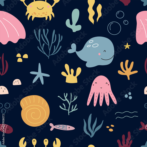 Seabed seamless pattern with algae, corals and cute sea inhabitants, seahorses, small crabs and fish, with anchor, shells and starfish. Childish vector hand-drawn illustration with colorful palette.