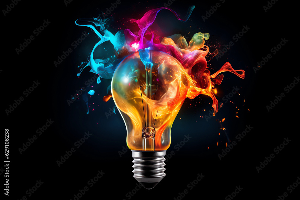 Creative light bulb explodes with colorful paint and splashes on a black background. Think differently creative idea concept Creative light bulb explodes with colorful paint and splashes on a black background. Think differently creative idea concept