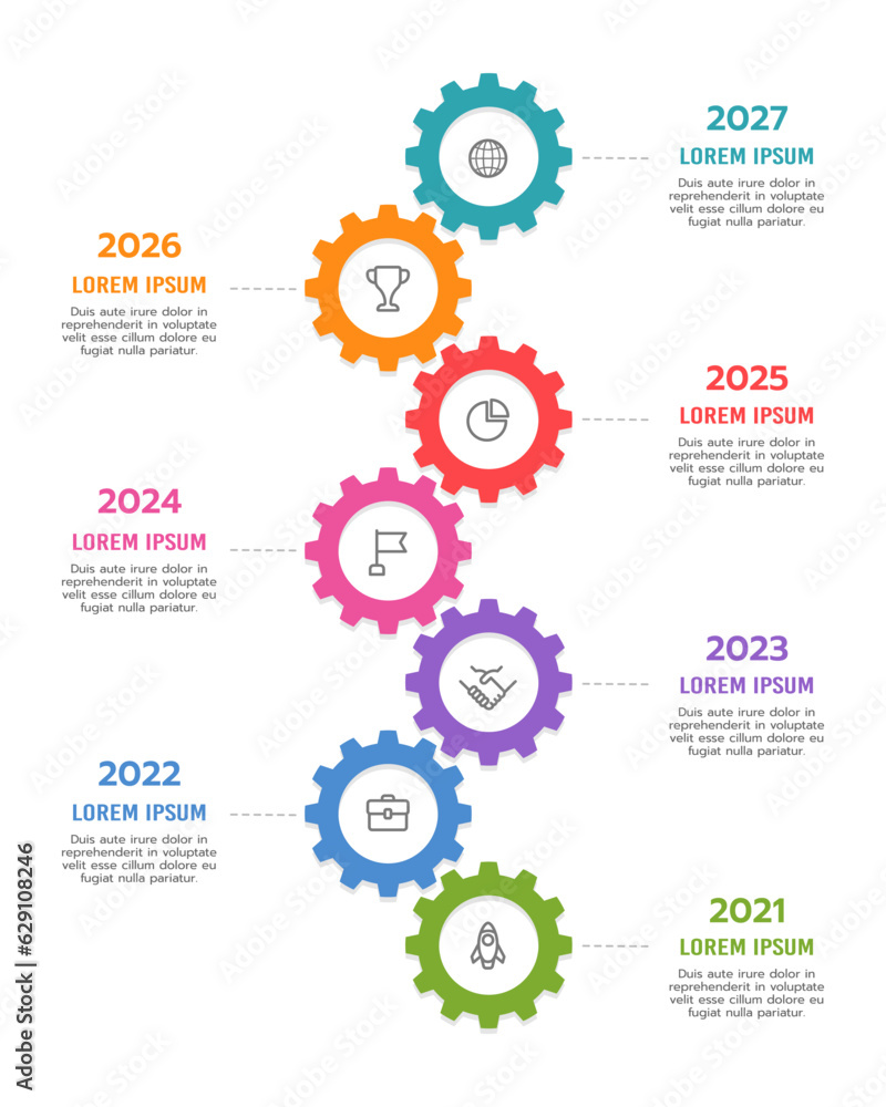 Infographic timeline 7 gears template. Roadmap, Milestone, Cog. Vector illustration. Infographic timeline 7 gears template. Roadmap, Milestone, Cog. Vector illustration.