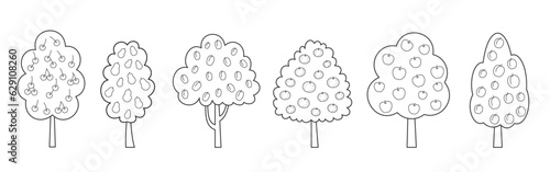 Fruit tree line set. Coloring book page of outline garden agricultural plants, trees with ripe cherry pear plum orange tangerine apple apricot peach isolated on white. Organic farm fresh harvest