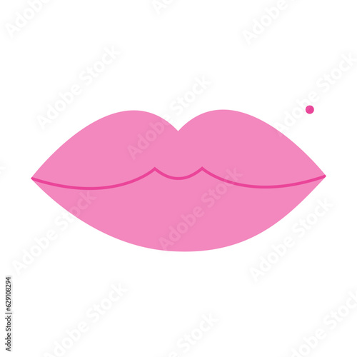 Cartoon pink chubby lips with little birthmark isolated on white background.