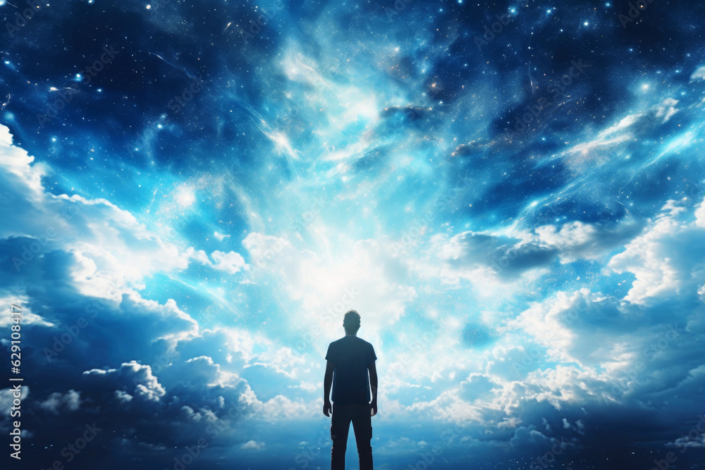 Faith. Heavenly background. Man looking at the heavens Faith. Heavenly background. Man looking at the heavens