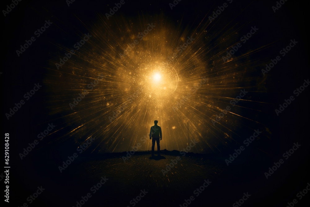 Faith. Heavenly background. Silhouette of a man standing in front of a light source - obrazy, fototapety, plakaty 