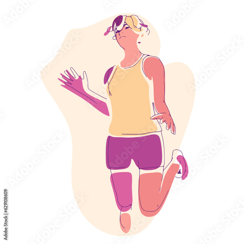 Jumping beautiful woman. Sport girl illustration. Young woman wearing workout clothes. Sport fashion girl outline in urban casual style.