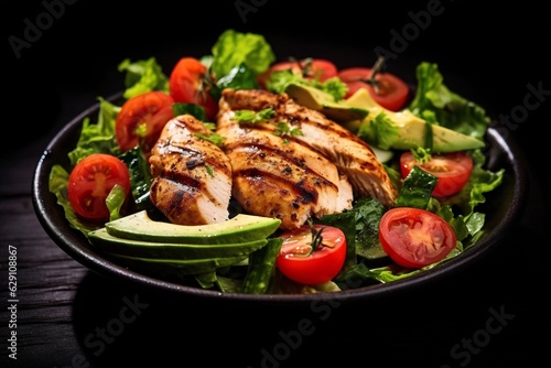 Generative AI : Grilled chicken breast, fillet, steak and fresh vegetable salad, top view, copy space. Healthy keto, ketogenic lunch menu with chicken meat and organic veggies and greens.