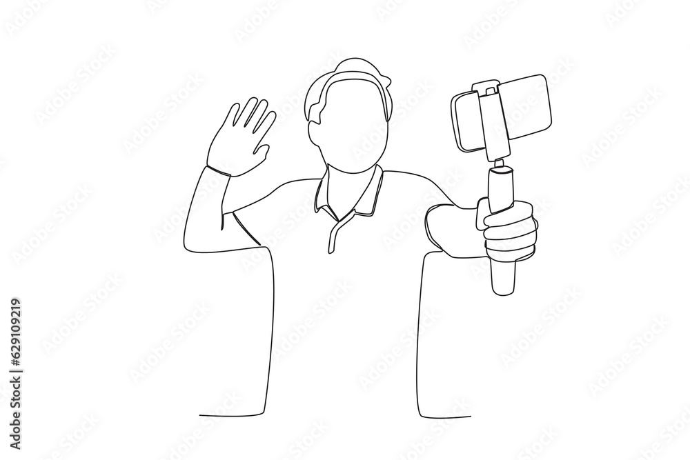 One continuous line drawing of a male vlogger who uses a mobile phone and a selfie stick greets his followers
