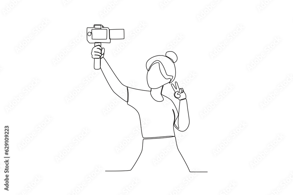 One continuous line drawing of a female vlogger using a professional camera is creating content on vacation
One continuous line drawing of a female vlogger using a professional camera is creating content on vacation