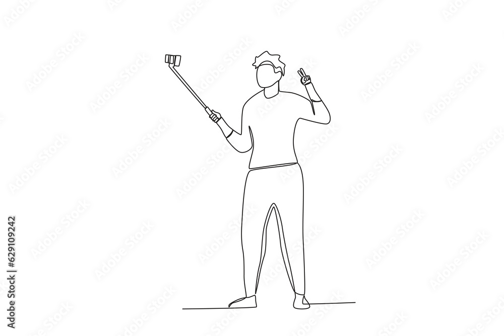 Fototapeta premium One continuous line drawing of a Male vloggers use mobile phones and selfie sticks to make vlogs 