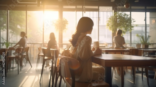 rear view woman sit relax casual working from cafe in sunset moment woman sit alone in coffeeshop restaurant cafe interior,ai generate