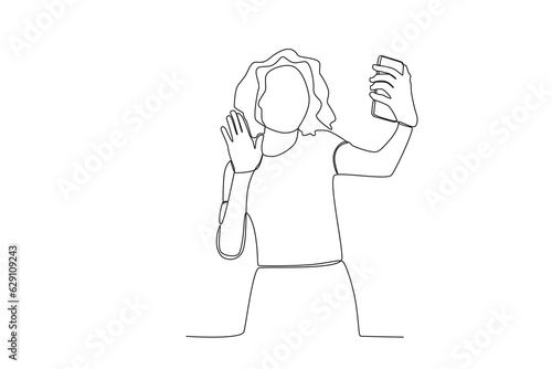 One continuous line drawing of a female vlogger with curly hair greeting her followers
