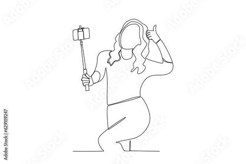 One continuous line drawing of a The female vlogger closes her vlog by giving a thumbs up 
