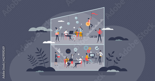 Transparency in business with public company data sharing tiny person concept. Effective and productive honesty principles for cooperative with anti corruption moral standards vector illustration.