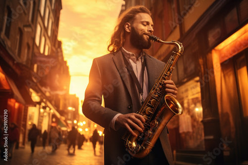Sunset Jazz Groove  A Celebration of Afro-American Music and Culture. The Art and Soul of Street Music  Soulful Saxophone Sounds in the City. Ai Generative