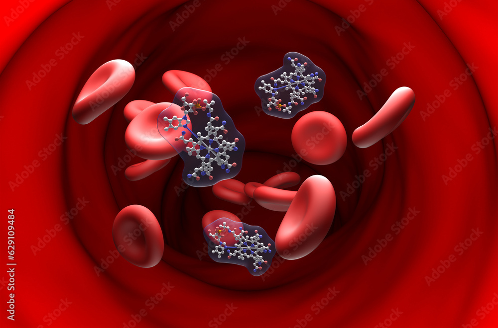 B12 vitamin (cobalamin) structure in the blood flow ball and stick