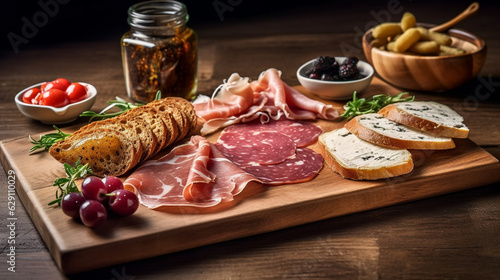 a selection of cured meats and bread on a wooden chopping board