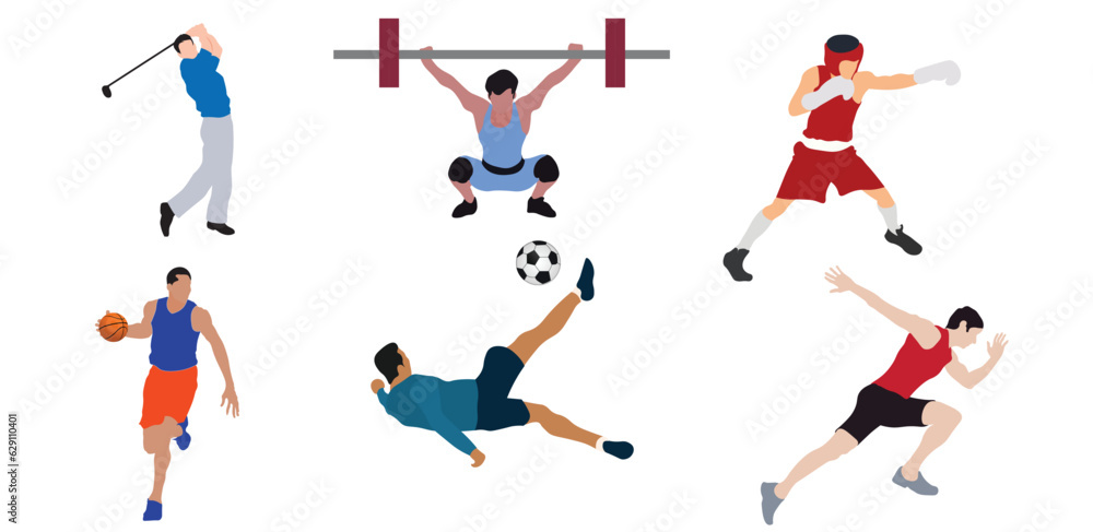Set of sports person golf Weightlifting boxing basketball football Athletics Olympic Games vector