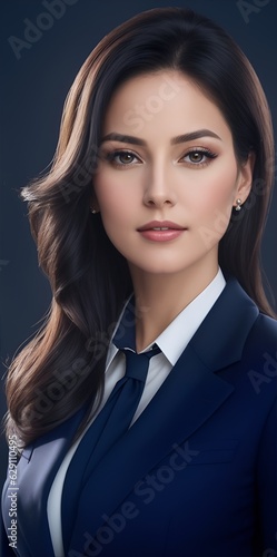 close up of gorgeous confident woman in professional attire, blue suit