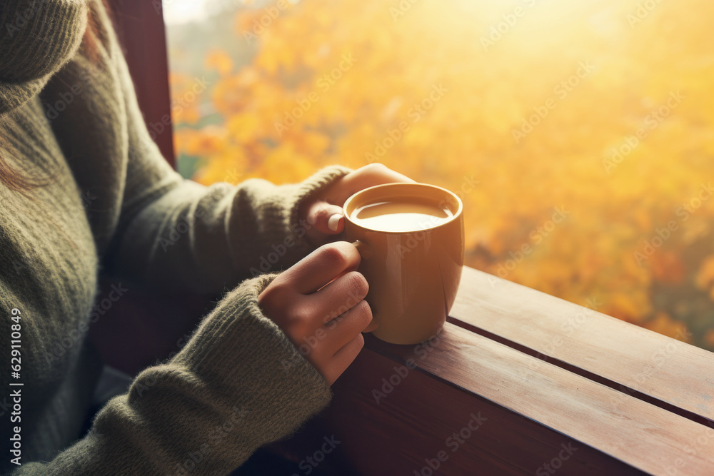 Serene female hands holding a steaming coffee mug by the cabin window in the autumn morning, enjoying a peaceful retreat. Serene female hands holding a steaming coffee mug by the cabin window in the autumn morning, enjoying a peaceful retreat.
