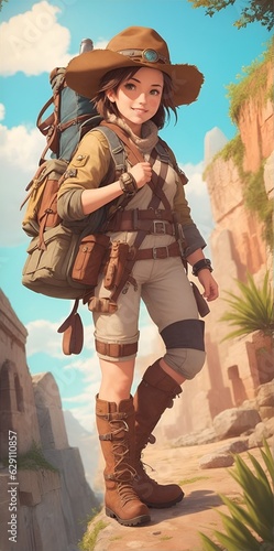 3d cartoon character of girl adventurous explorer © Rushikesh