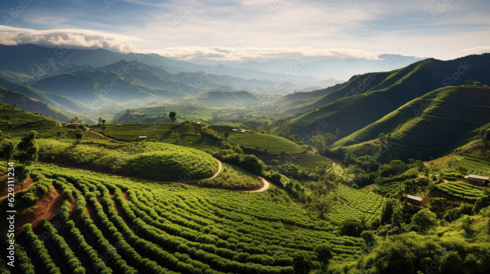 Fototapeta premium Colombia's Coffee Wonderland: Journeying Through a Coffee Plantation in the Andes - Witness the Rich Legacy of Coffee Cultivation Amidst Spectacular Mountain Landscapes.