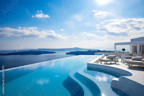Blue infinity pool in a luxury resort on a Greek island in Cyclades, with magnificent view over Aegean sea © Adrian Grosu