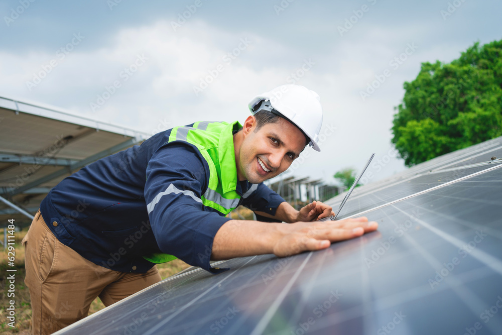 service engineer checking work installing solar panels, technician maintenance solar cells. renewable energy technology concept. service engineer checking work installing solar panels, technician maintenance solar cells. renewable energy technology concept.