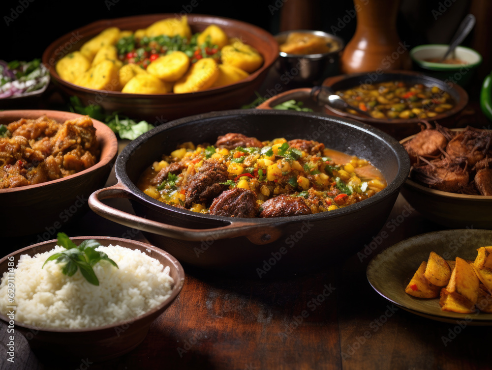 A Taste of the Dominican Republic: Experience a Culinary Adventure, Indulging in Sancocho Stew, Tostones, Flavorful Lechón Asado, and Delectable Passion Fruit Desserts.

 - obrazy, fototapety, plakaty 