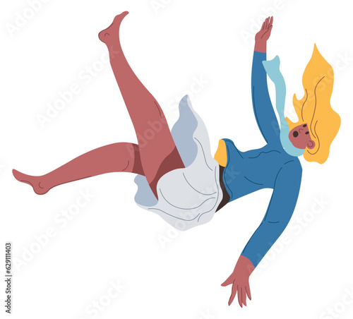 Woman falling down on road, metaphor of failure
